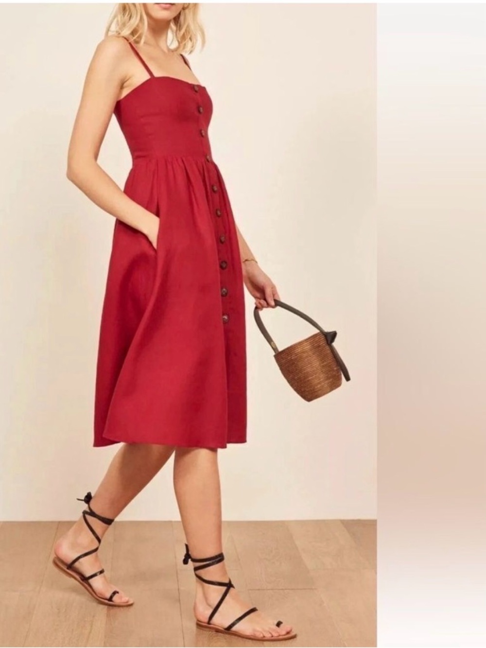 Reformation Tori Cherry Red 100% Linen Midi Dress size 2 - Picture 8 of 10